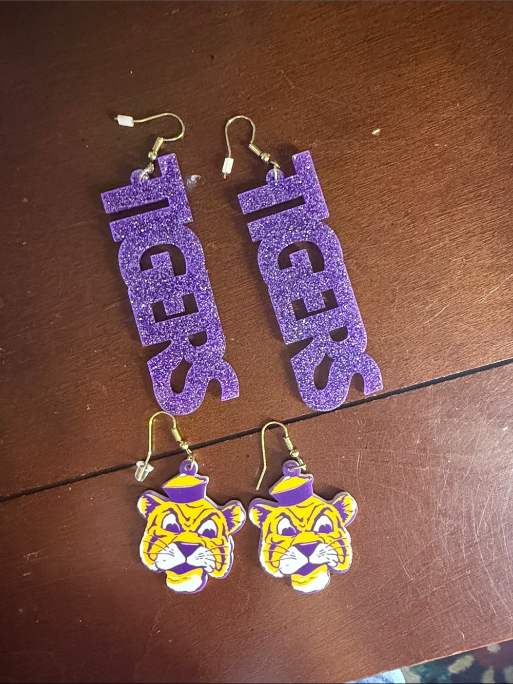 Purple Glitter TIGERS Drop Earrings and Mascot Stud Earrings